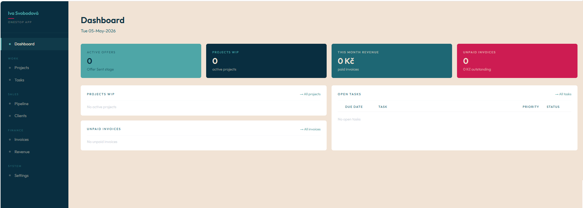 OneStop — business management app dashboard